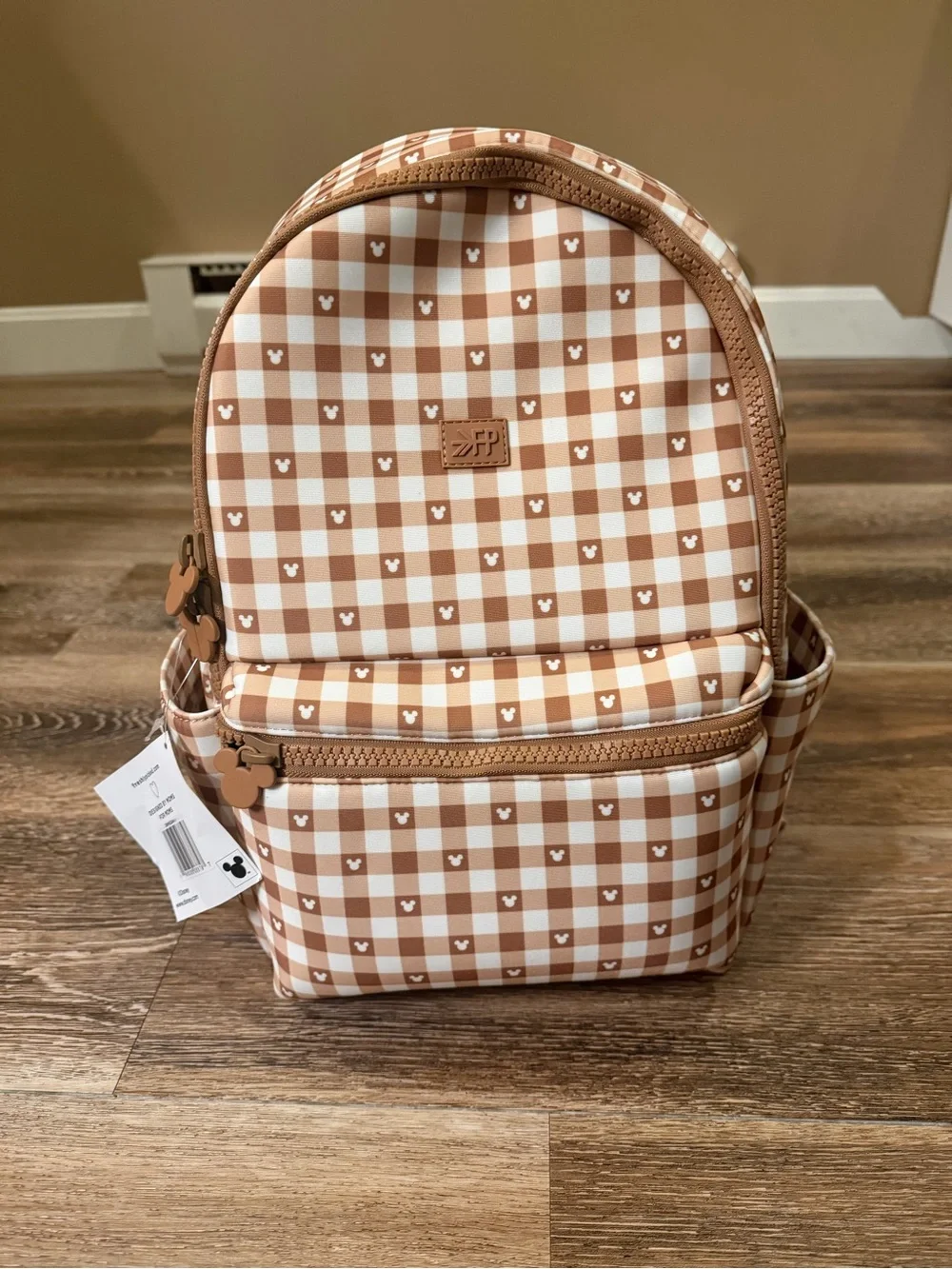 Freshly Picked Brown and Cream Gingham Diaper Backpack with Mickey Accent